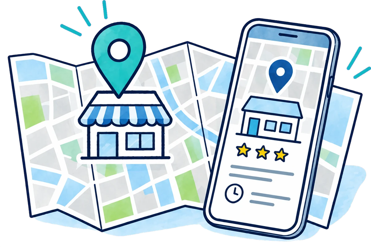地図の上のお店と、Googleマップのピン・星の評価が表示されたスマホのイラスト