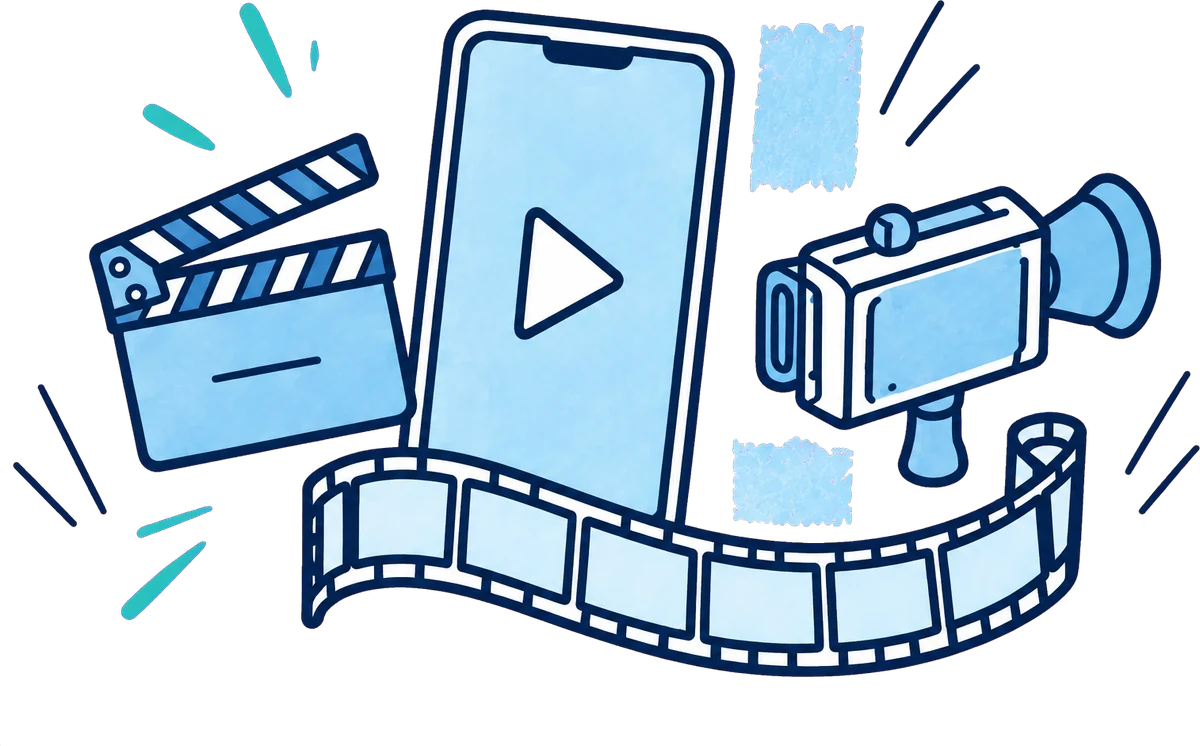 カチンコ・再生ボタンが映ったスマホ・ビデオカメラ・フィルムのイラスト